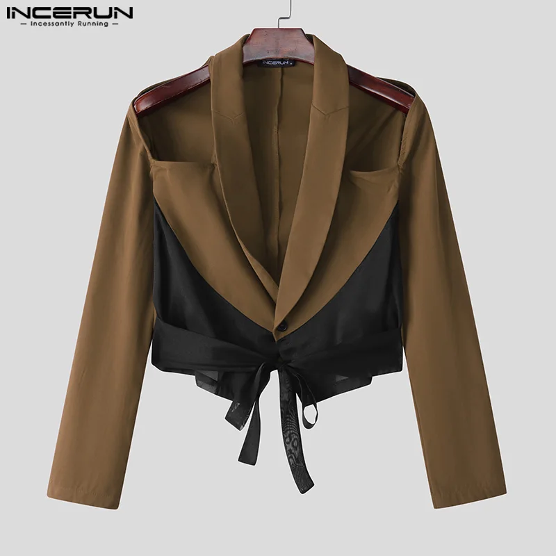 INCERUN Tops 2025 American Style Fashion Men's Hollow Patchwork Lace Design Suit Casual Personality Cropped Long Sleeved Blazer