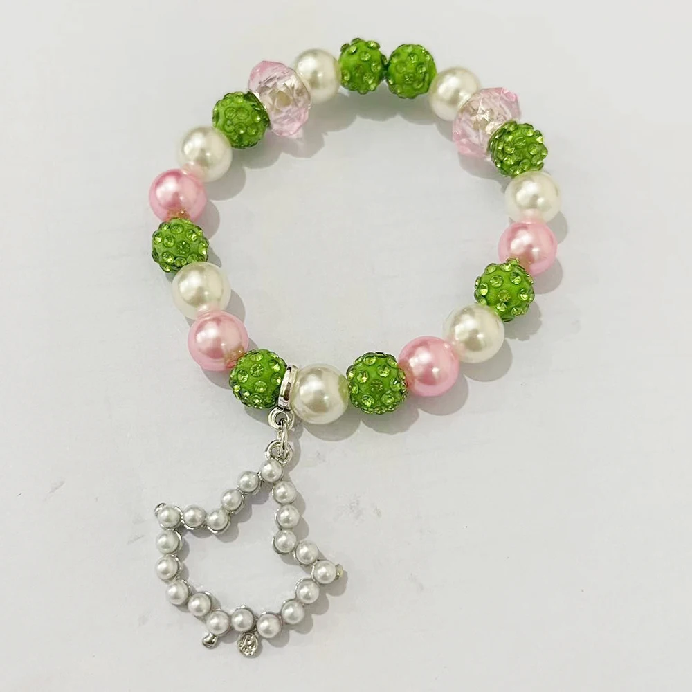 Alpha Pink Green Beads Inlaid Pearl Ivy Pendant Bracelet