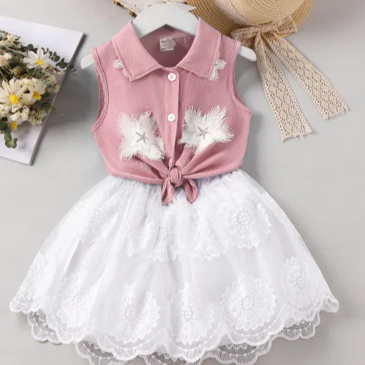 Childrens Sets Clothing Europe  America Summer Trend Embroidery Cowboy Lapel Collar Tops Mesh Yarn Lace Flower Edge 2024