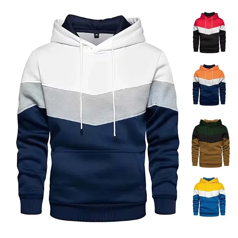 Men Color Block Splicing Pullover Hoodie Long Sleeve Drawstring Kangaroo Pocket Loose Casual Autumn Winter Sweatshirt Tops