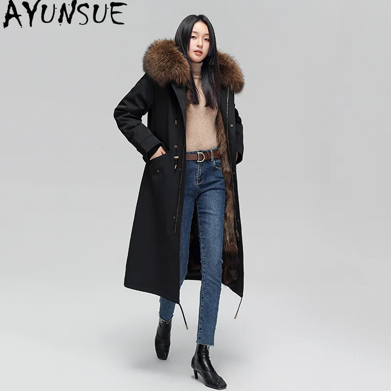AYUNSUE Real Fur Coat Women Real Fox Fur womens Parka Liner Detachable 2025 Winter Clothes Warm Raccoon Fur Collar Шуба Женская