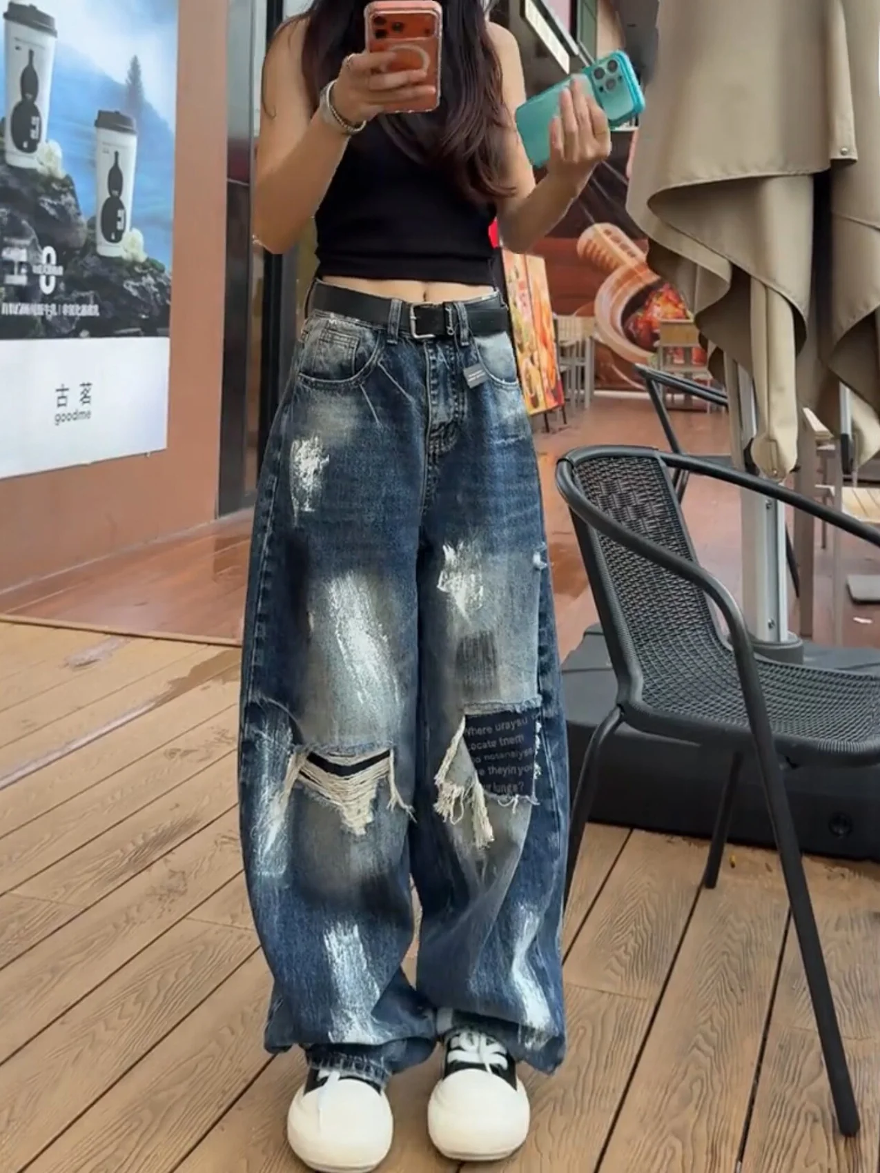 Authentic High Waist Wide Leg Jeans American Style Slimming Knife  Denim Pants Casual Loose Fit Blue Polyester Fiber