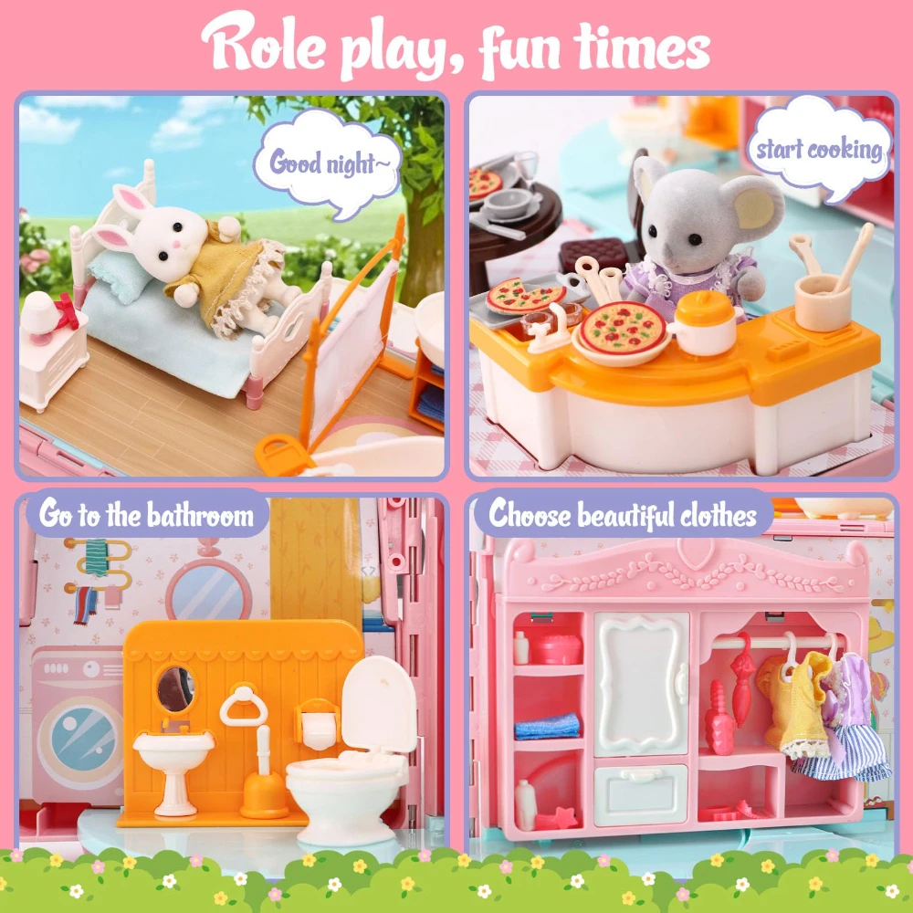 WizKidz - Doll House Playset for Girls Toys Miniature Pretend Play Portable Foldable Camper Toy Car with Furniture Accessories