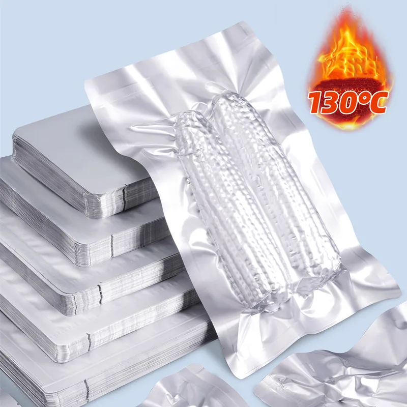 50~100PCS Open Top High Temp Aluminum Foil Vacuum Bags Chicken Fish Seafood Meat Sausage Snack Fruits Vegetables Freezer Pouches