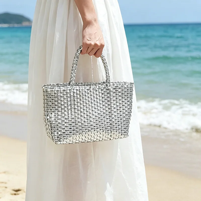 2026 New Fashionable Metallic Handheld Large Capacity Woven Bag Simple and Elegant Women's Seaside Vacation Beach Bag 5