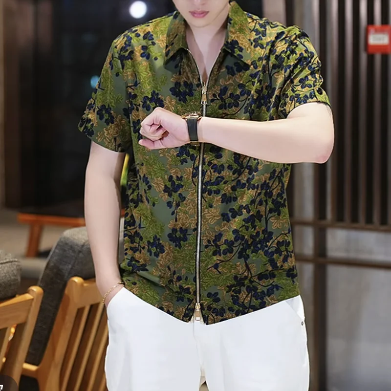 2026 Summer Men's Fashion Casual Ice Silk Short-Sleeved Zip Pullover Shirt
