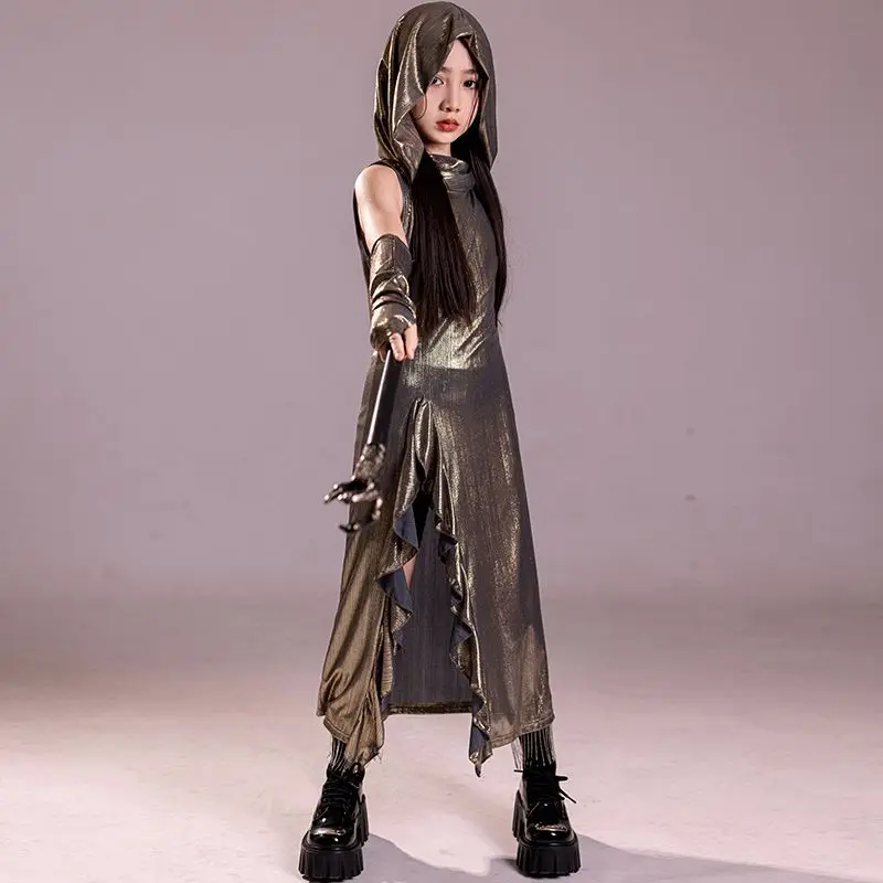 Girls Jazz Costume Dune Wasteland Style Shiny Long Dress Mysterious Luxurious Trendy Cool Stage Dance Show Performance