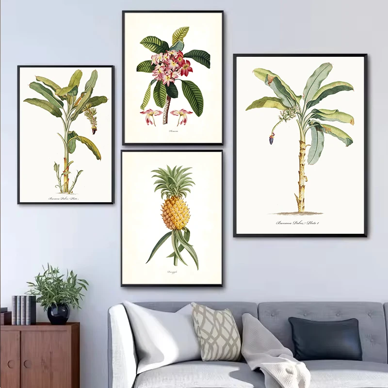 1pc frameless Vintage Tropical Botanical Print Pineapple Coastal Botanical Poster Palm Trees Canvas Paintings Wall Art for Room