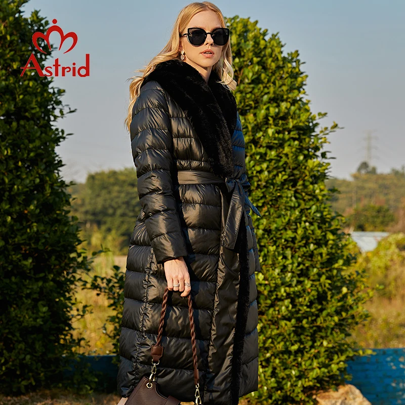 Astrid Winter Parkas Women\'s Jacket Large Natural Rabbit Fur Belt Elegant Long Coat Thick Warm Female Outerwear Quilted ZR-7518