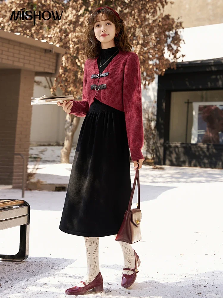 MISHOW Knitted Dress Solid Cardigan Separately Women Winter V Neck Sweater Midi A-line High Waist Dress Short Tops MXC59L1646