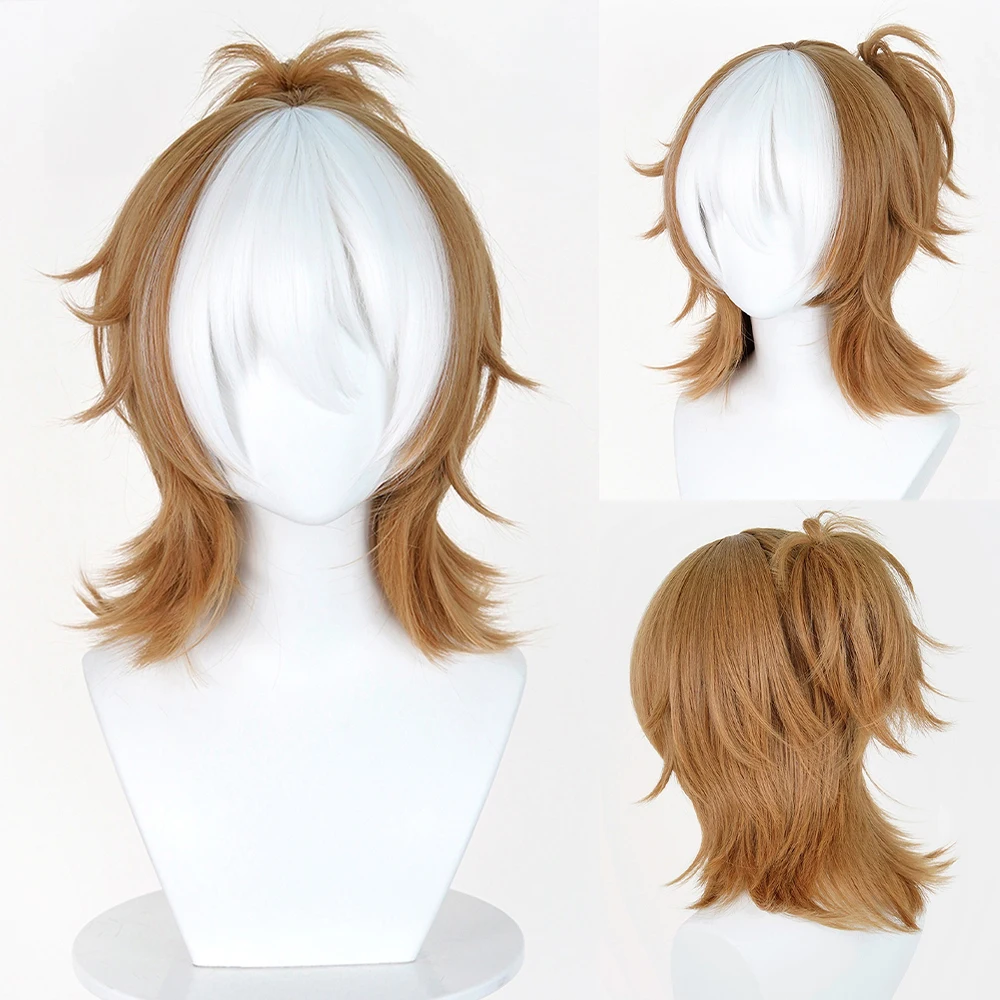 Yellow Brown Ombre White Synthetic Short Straight Wigs with Bangs Anime Game Cosplay Heat Resistant Wig for Daily Party