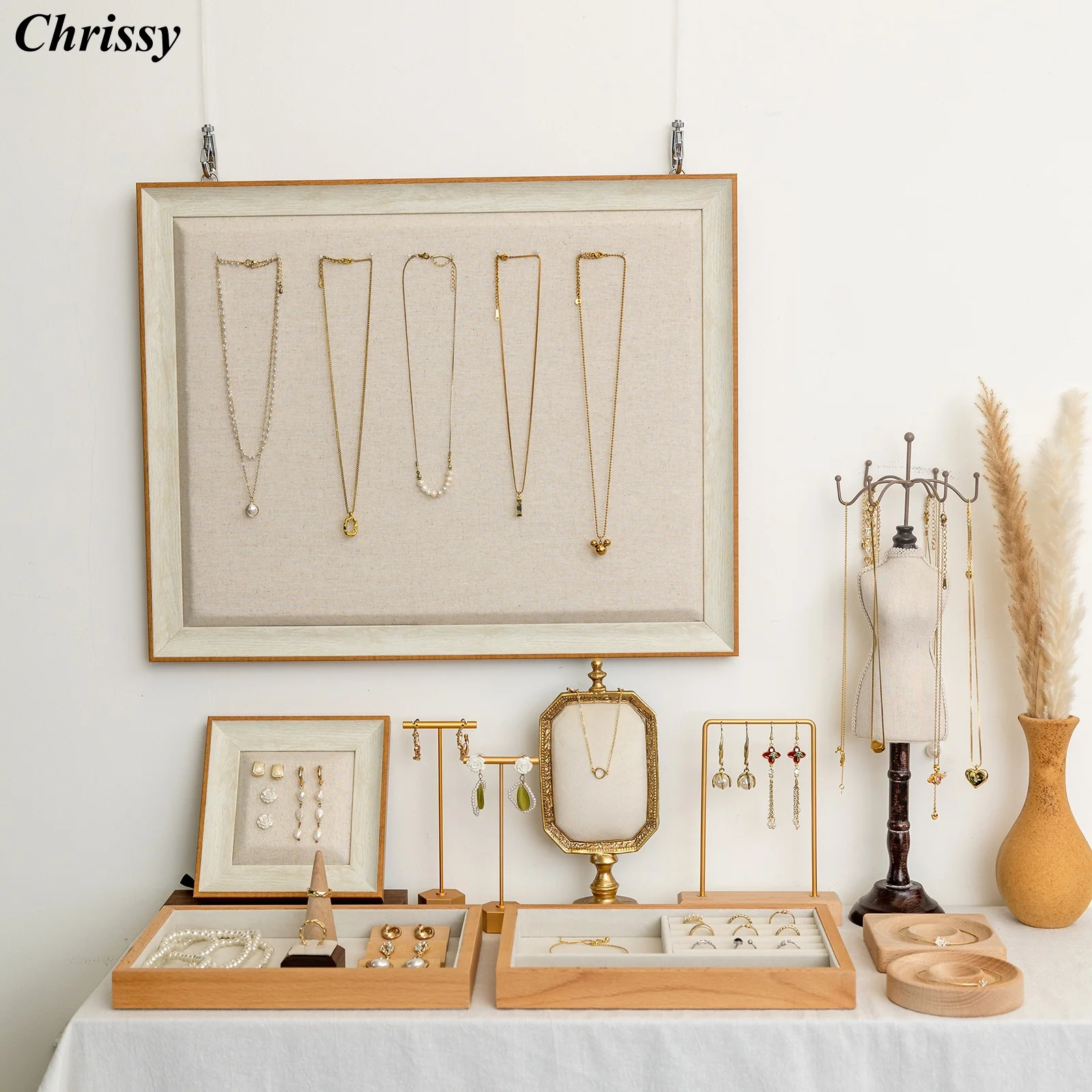 

Burlap Board Jewelry Display, Hanging Frame for Earrings Necklaces, Wall Mounted Market Stall Showcase