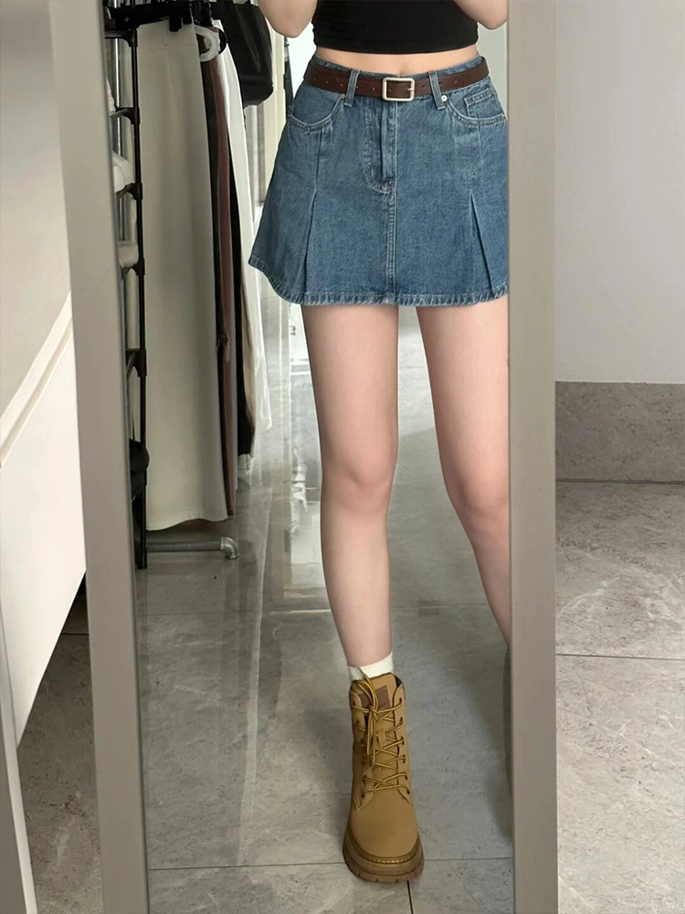 Spódnica jeansowa plisowana Spicy Girl, damska, z wysokim stanem, zapobiegająca prześwitywaniu, mały rozmiar, fason A-line, podkreślająca figurę, styl koreański, do pracy.