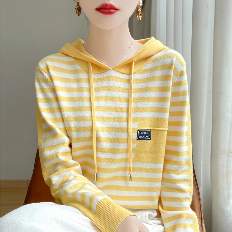 New Fashion Autumn/Winter Soft Wool Knit Hooded Top For Women Pullover Two-Color Striped Long-Sleeved Hooded Sweater DMR500 3