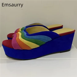 Luxury Suede Rainbow Patchwork Sandals Women High Platform Wesges Slingbacks Outwear Mules For Girls Summer