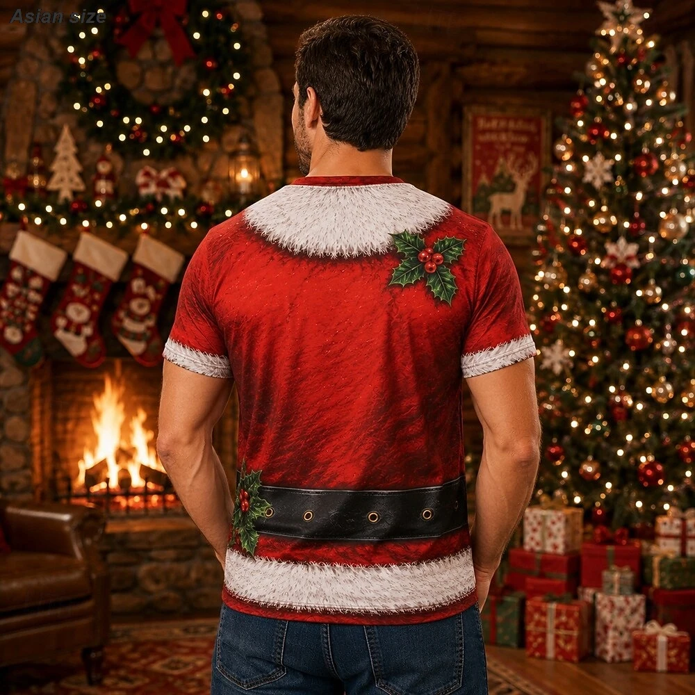 Santa Claus Costume 3D Print Men T‑Shirt Christmas Holiday Short Sleeve Crew Neck Tees