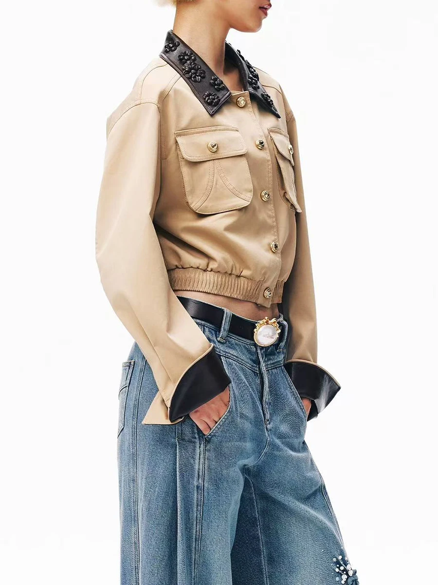 TWOTWINSTYLE Vintage Cropped Jacket for Women Floral Embossed Faux Leather Collar Long Sleeve Flap Pockets Button Elastic Hem