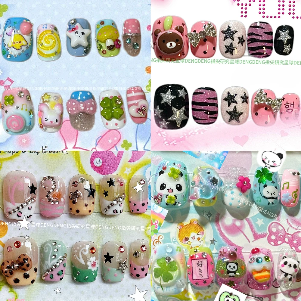 

Y2K Cartoon Rilakkuma Handmade Short Nail Party Sticker Kawaii Cats Dogs Glitter Diamond Sequins Four-Leaf Clover Press On Nails