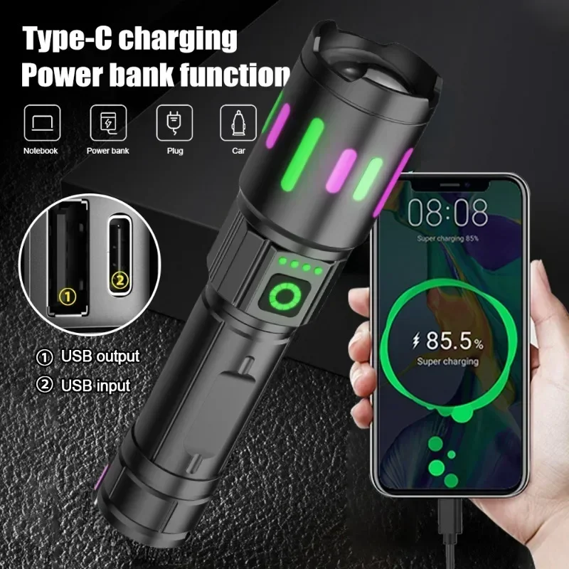 High-power Bright LED Flashlight USB Charging Telescopic Zoom Long-distance Portable Lighting Tactical Lantern Camping Light