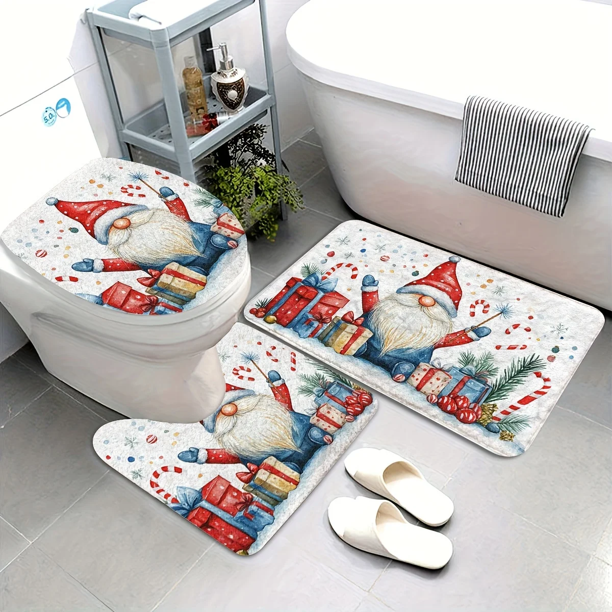 

Набор ковриков для ванной комнаты с рождественским гномом из 3 предметов — плюшевые фланелевые нескользящие коврики с U-образной крышкой унитаза и подходящим, мягкий гном