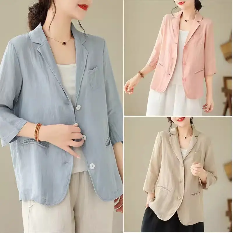 2024 Spring/Summer Jacket Blazer Retro Style 3/4 Sleeved Casual Coat Loose Art Cotton Linen Clothes Women\'s Tops K793