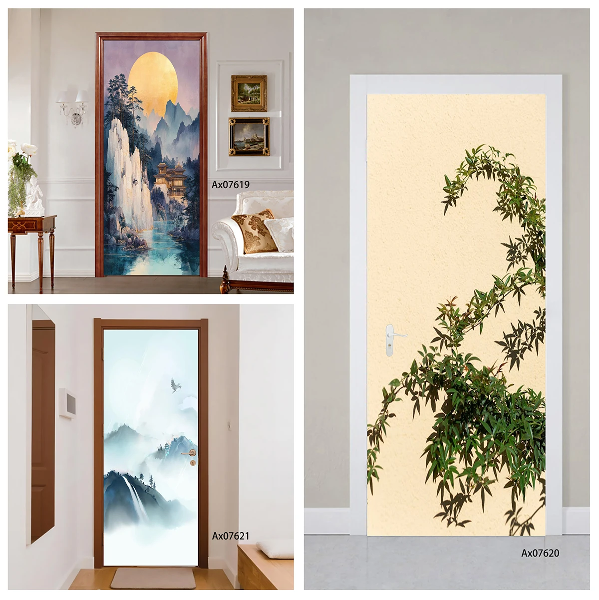 Chinese Ink Landscape Door Decal Waterproof Removable River Pavilion Scenery Home Interior Entry Door Wall Decor Self Adhesive