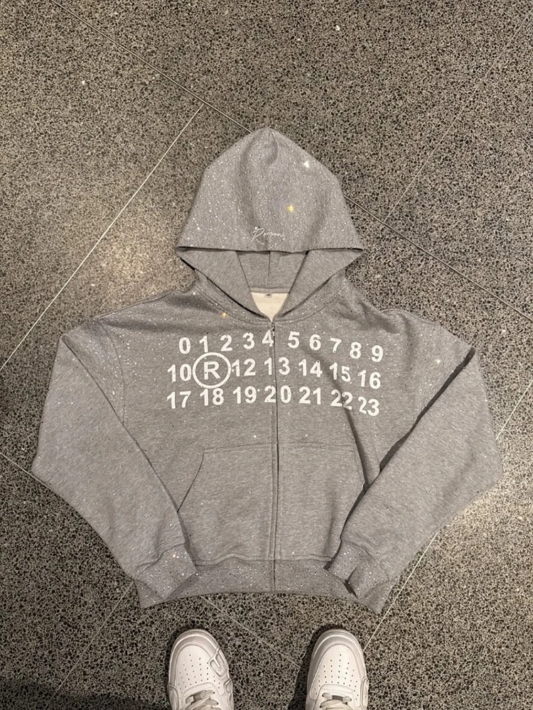 American High Street Letter Printing Rhinestone Decorative Hoodie Autumn and Winter Fashion New Loose Sweater Coat.