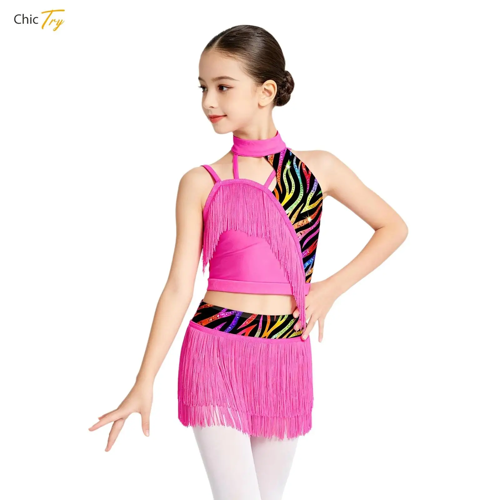 Traje de Baile Latino con Estampado de Leopardo para Niñas, Chaleco Asimétrico con Borlas y Falda con Flecos para Práctica de Tango, Salsa, Cha Cha y Samba