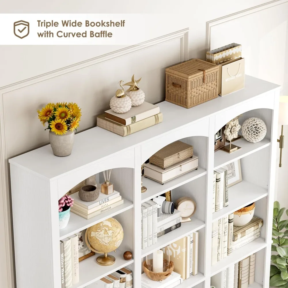 Rak Buku Putih Besar 6 Tingkat dengan Penyekat Melengkung, Lebar 63,4 inci, Kedalaman 18 inci, Solusi Penyimpanan Tinggi