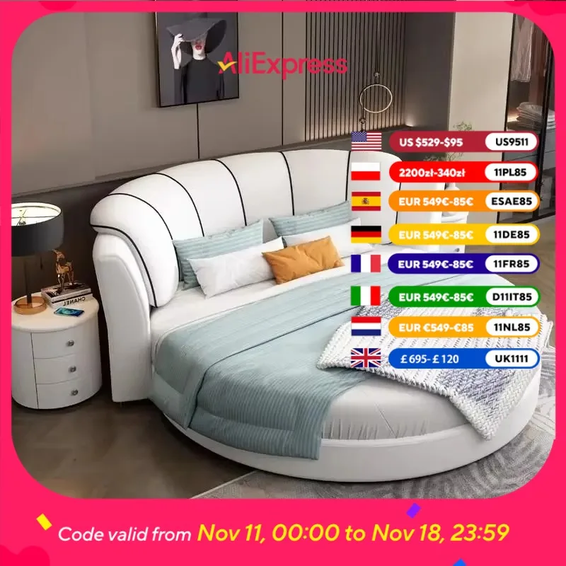 

Design Leather Luxury Double Bed Modern Loft Princess White Adults Round Bed King Size Frames Camas Twin Bedroom Furniture