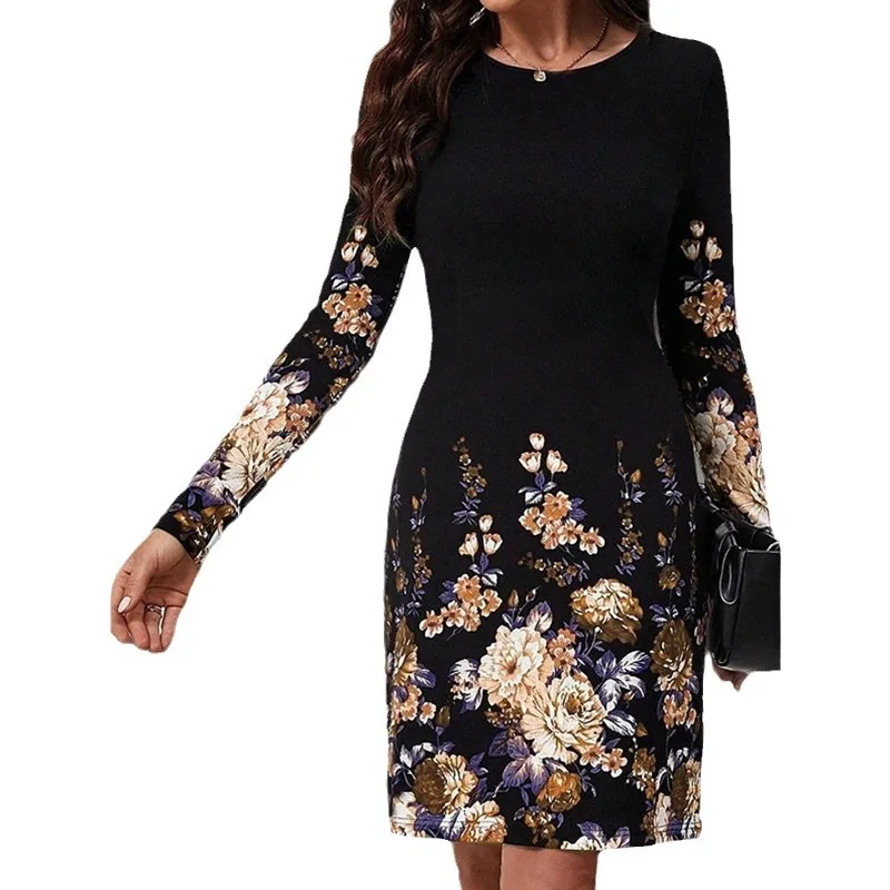 2024 New Autumn Winter Women Dress O Neck Flower Print A-Line Long Sleeve Loose Dress Casual Fashion Elegant Ladies Mini Dresses