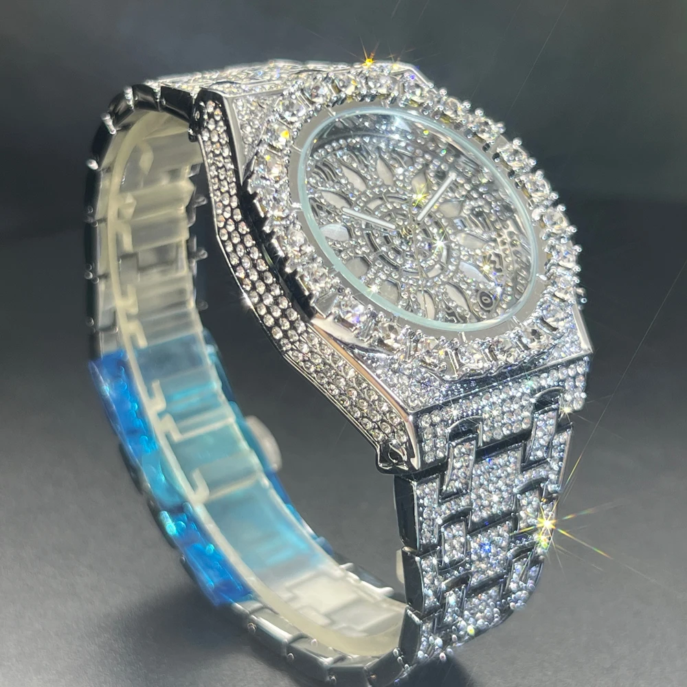 MISSFOX Iced Out Watch For Men Fashion Luxury Diamond Hip Hop Watches Vintage Waterproof Luminous Hands Clock Best Selling 2024