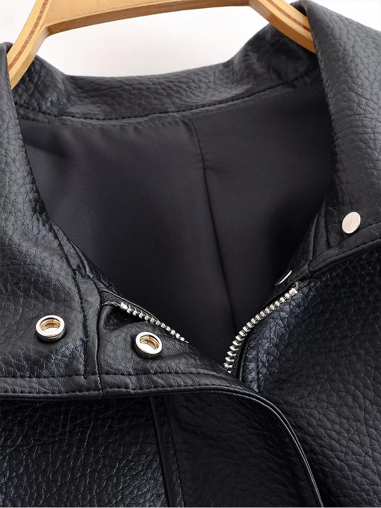 European style new women's fashion versatile temperament loose slim shoulder textured leather jacket coat