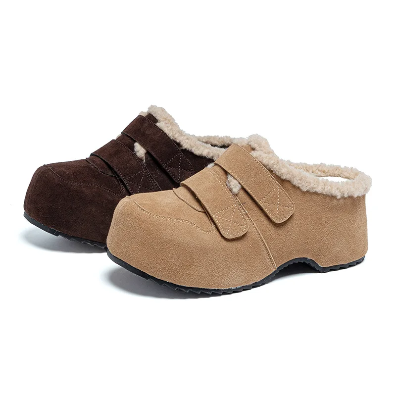 

fujin 7 cm Winter Slip-On Scuff Slippers for Women, Fuzzy Fleece Lined, Closed-Toe Thick Sole, Korean Style Backless House Shoes