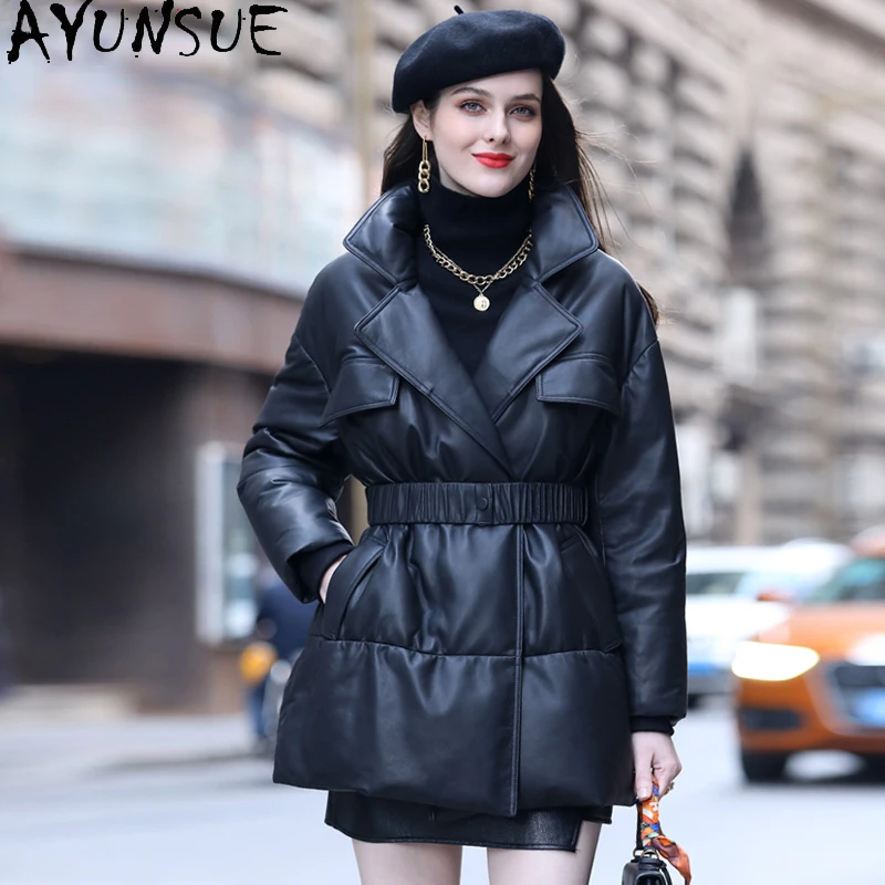 

Fashion Leather Jacket Women Clothing Female Korean Belt Slim Black Down Coat Real Sheepskin Leather Jacket Casaco Feminino Zm