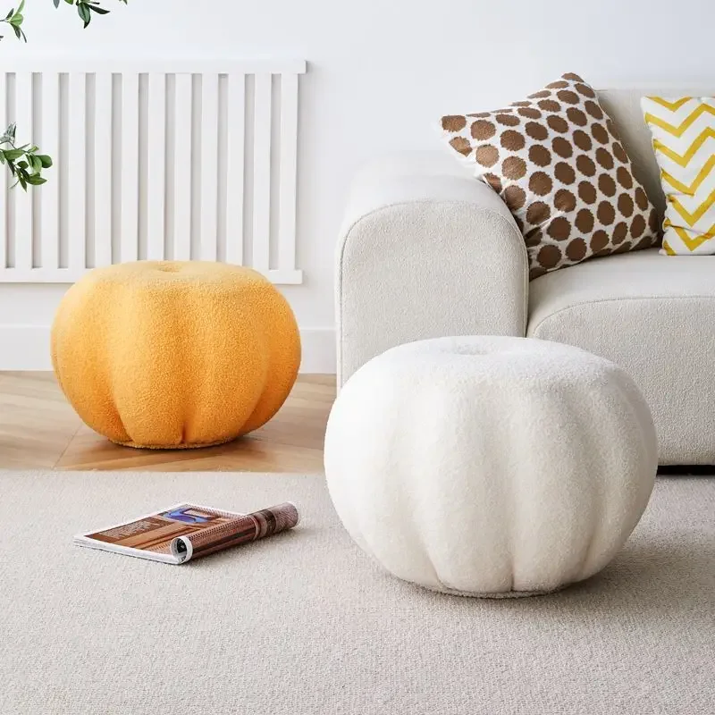 INS Pumpkin Sofa Low Stool Home Simple Teddy Velvet Round Stool Bench Balcony Bedroom Lazy Tatami Footstool Hallway Shoe Stool