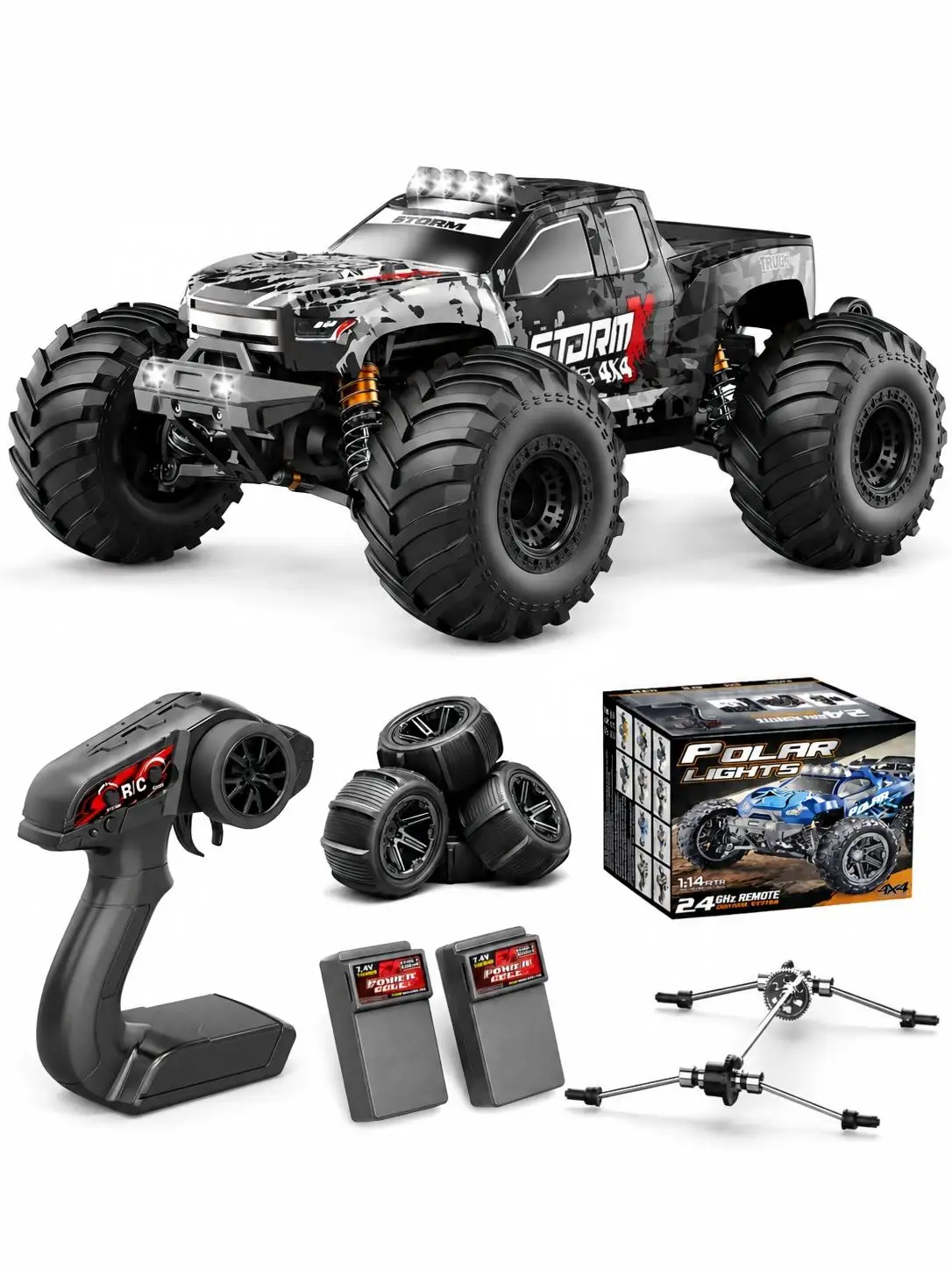 Womaqu HS14301 RC Auto 1:14 4WD Offroad RC Truck Hochgeschwindigkeits-40 km/h, 4x4 Ferngesteuertes Auto mit 2 wiederaufladbaren mAh-Akkus und 2 Sätzen Reifen für Erwachsene & Jungen.