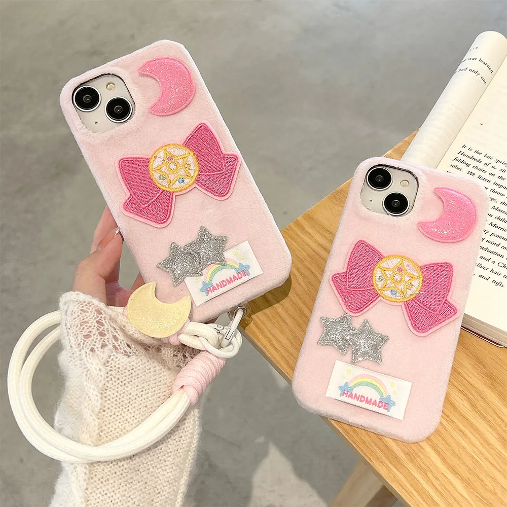 Creative Plush Embroidered Bow Women Phone Case Suitable for IPhone 12 13 14 15 16 Pro Max Shockproof Soft Cover With Lanyard