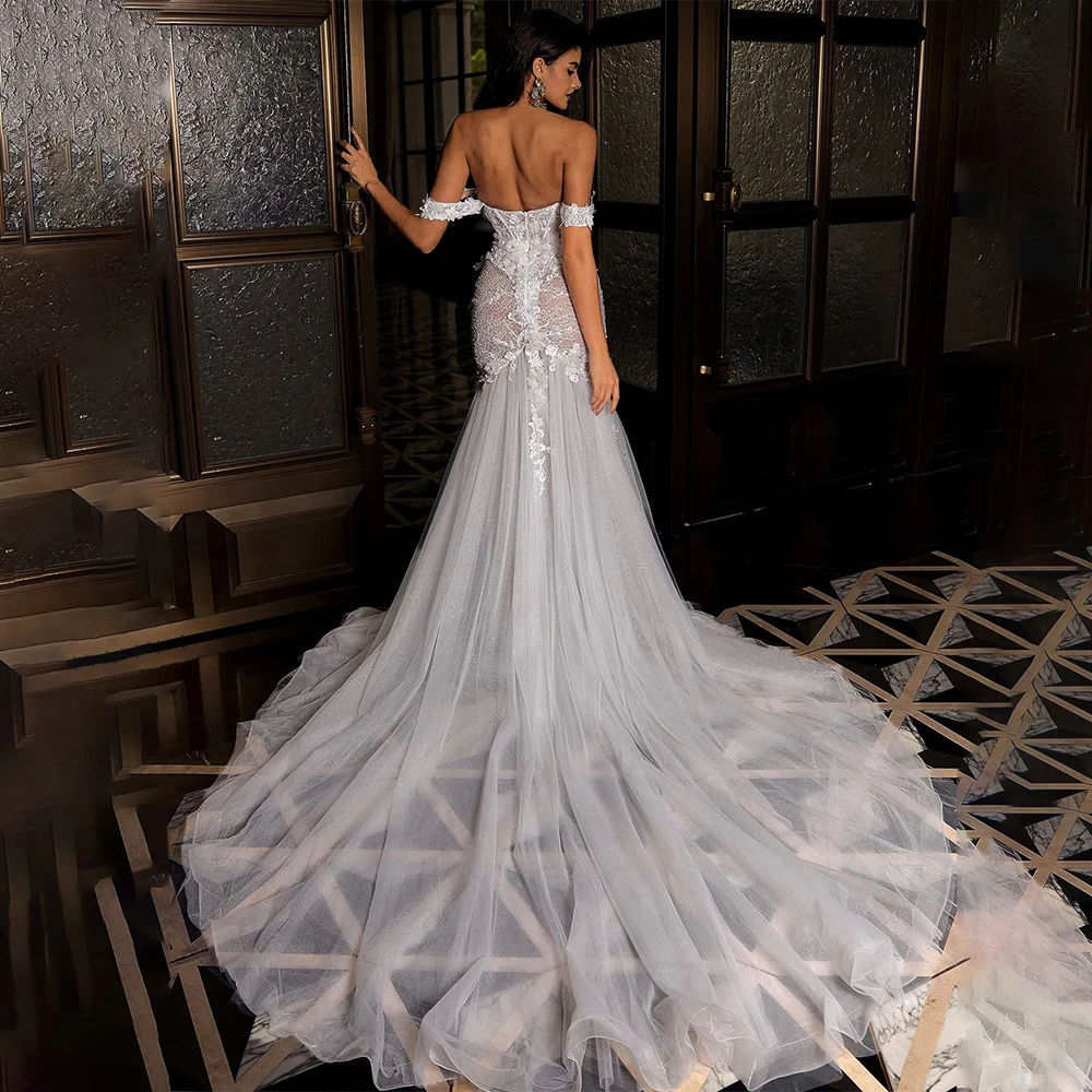 تخصيص BohoWhite الأورجانزا فستان الزفاف مثير الحبيب قبالة الكتف فستان زفاف لينة حورية البحر ذيل شابيل رداء دي mariée #1