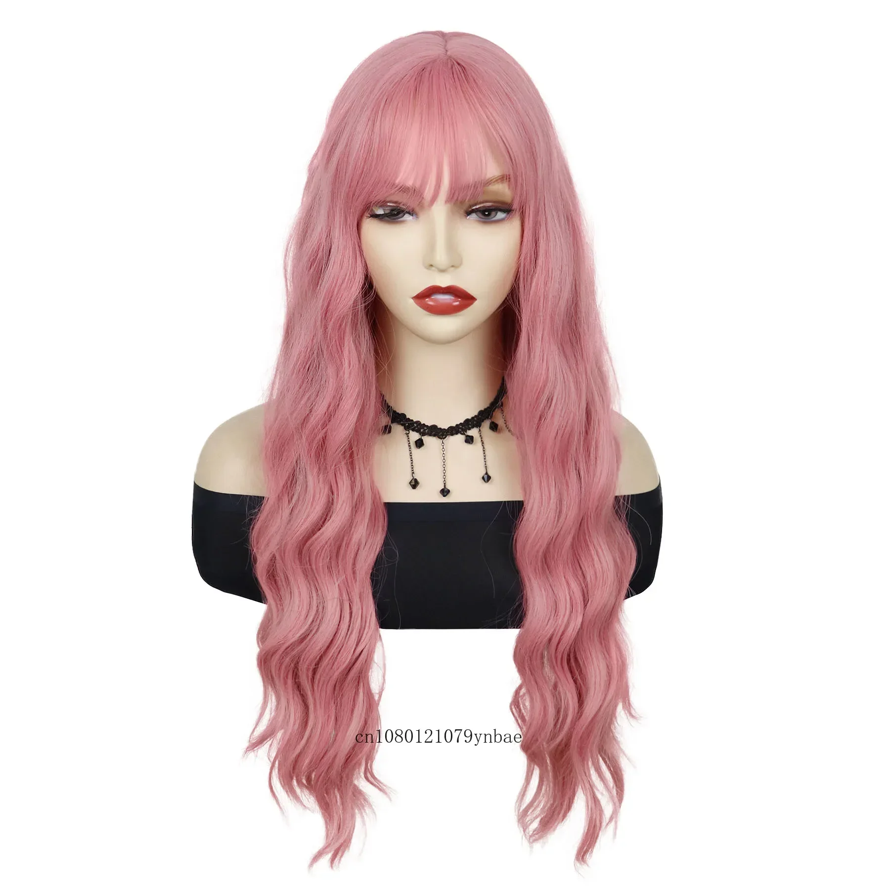 Halloween Cosplay Pink Synthetic Wigs for White Women Long Water Wavy Wig with Bangs Costume Masquerade Party Heat Resistant