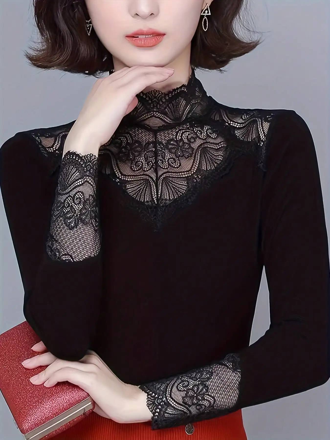 

Black High Neck Lace Trim Long Sleeve Top for Women, Elegant Layering Piece