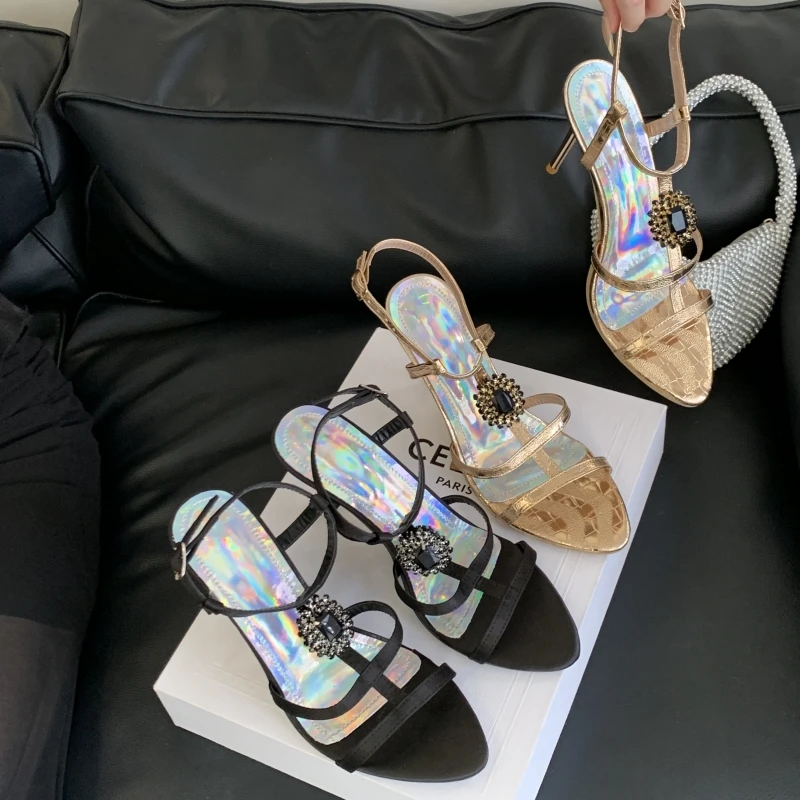 

New Summer Women's High-heeled Sandals Retro Gem Rhinestones Beautiful Fashion High-end One-strap Sandals