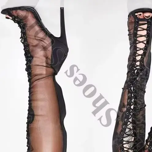 Sheer Mesh Crisscross Front Lace-Up Thigh High Sandals Open Toe Tall Slim Stiletto Boots Transparent See-Through Calf Zip Boots