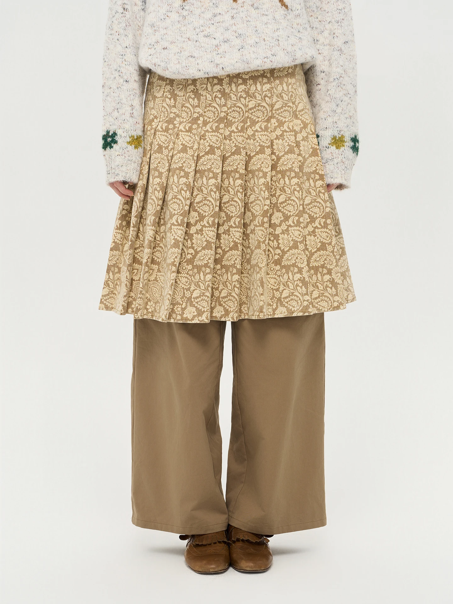 

Waed Denim Print Skirt Pants Heavy Ironing Fake Two-Piece Cotton Casual Trousers Plant Floral Splicing l Waist Straig...