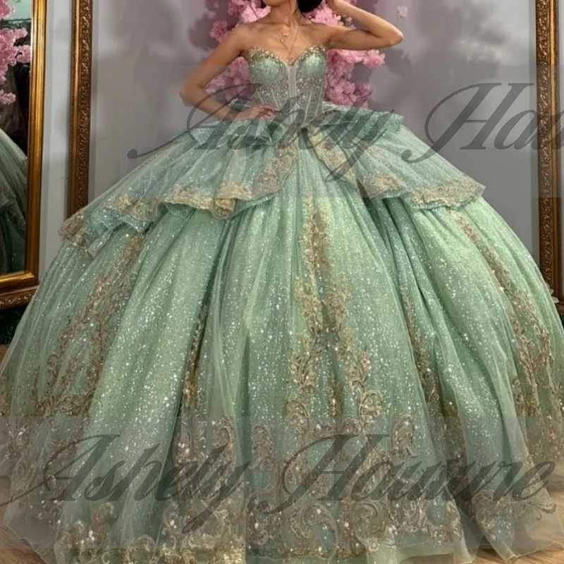 Maßgeschneiderte Luxus Mint Green Quinceanera Kleider Kristall Gold Spitze Applique Bogen Frauen Prom Geburtstag Party Kleid Vestido 15/16