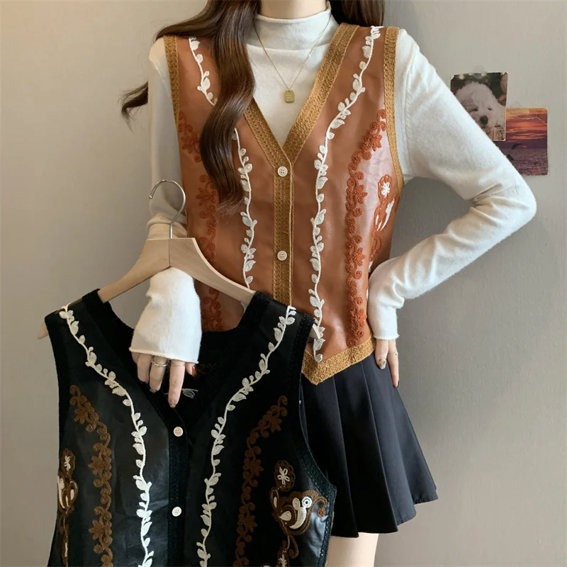 Retro Suede Embroidered Vest Women's Spring 2026 New V-neck Loose Slimming Outerwear Layering Short Top Fashionable