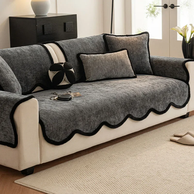 High-End Thickened Chenille Sofa Cushion Luxury Solid Dustproof Anti-Slip Cloth Towel Velvet Furniture Protection Slipcover