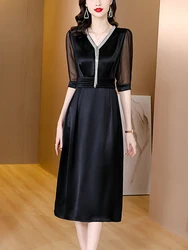 Summer Black Acetate Satin Midi Dress Women Short Sleeve V-Neck Sexy Dress 2024 Korean Vintage Hepburn Luxury Party Night Dress