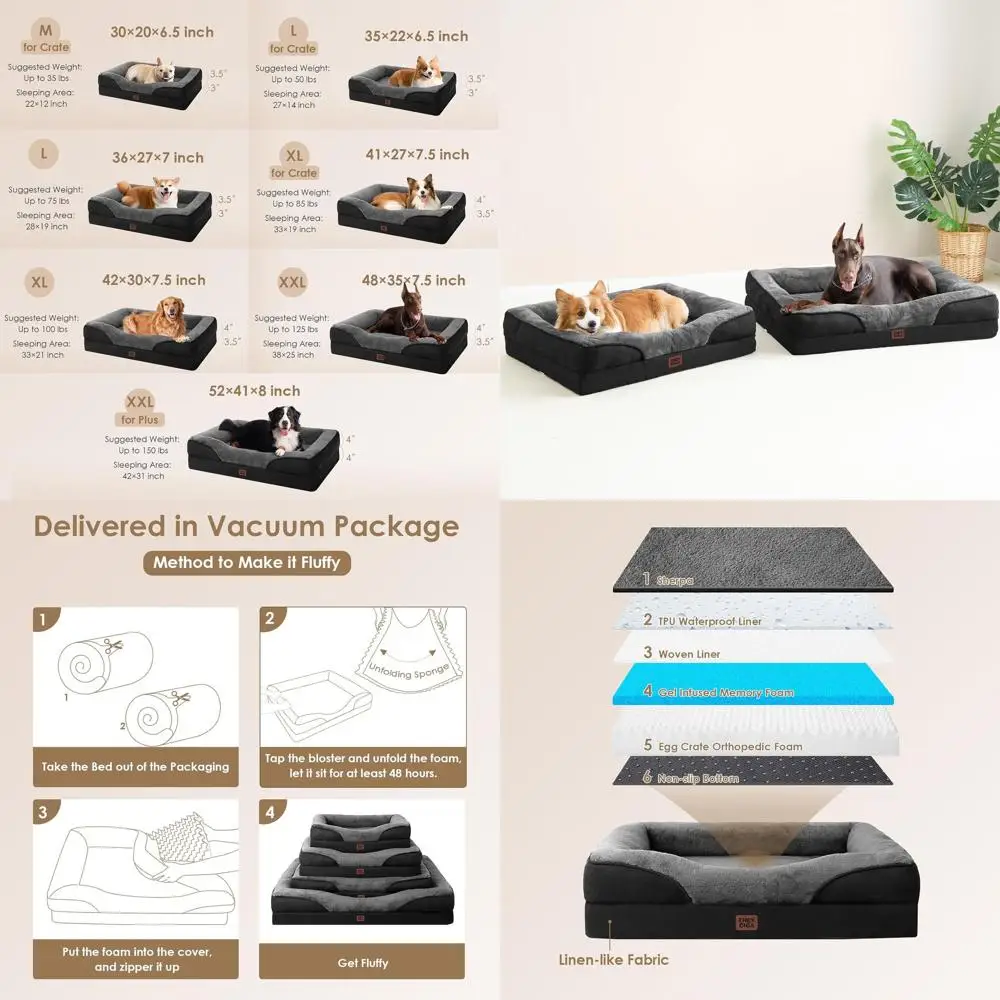 

Ортопедическая кровать для собак XL с боками, водонепроницаемый вкладыш, моющийся чехол, 42x30x7,5 серый/черный