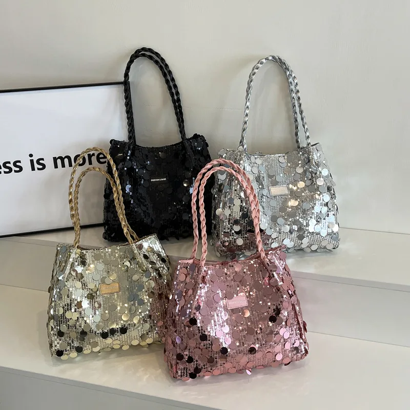 

New Women's Handbag Fashion High Quality Glitter Women's Shopping Bag Solid Color Versatile Large Capacity Girl Shoulder Bag